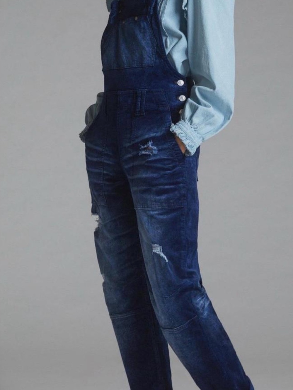 Pilcro Velvet Navy Distressed Denim Overalls